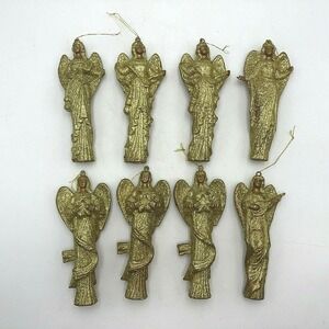 Set of 8 Angels Ornaments Christmas Gold Glitter Vintage Plastic Resign Lot 7"